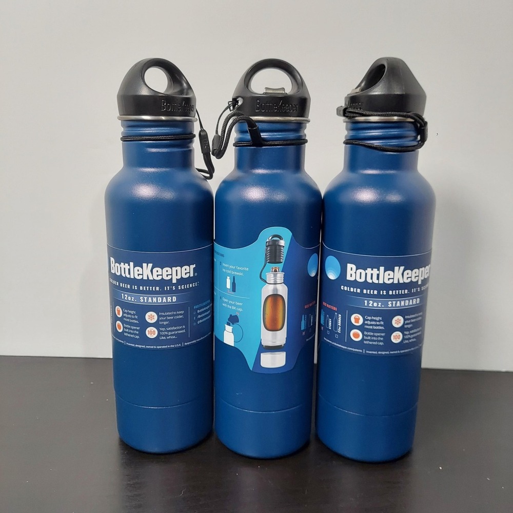 BottleKeeper 12oz Standard Insulated Beer Bottle Holder Blue Opener New